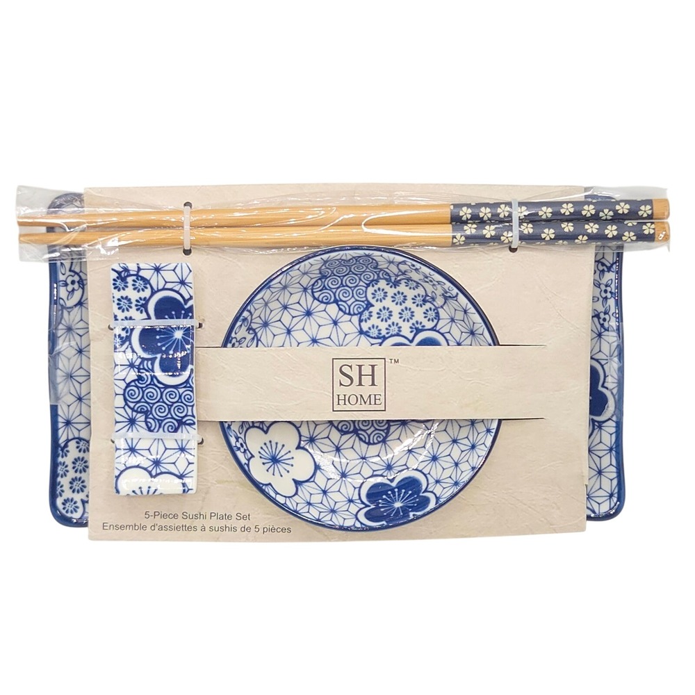 SH Home Ceramic Sushi Plate Set 5-Piece Blue White Floral Print 8x4.5